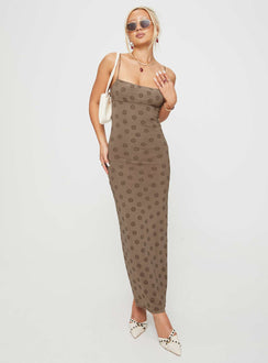 side view of model wearing Princess Polly Darsih Maxi Dress Light Brown Square Neck 