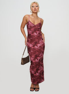 side view of model wearing Princess Polly Hathaway Maxi Dress Burgundy Floral V-Neck 