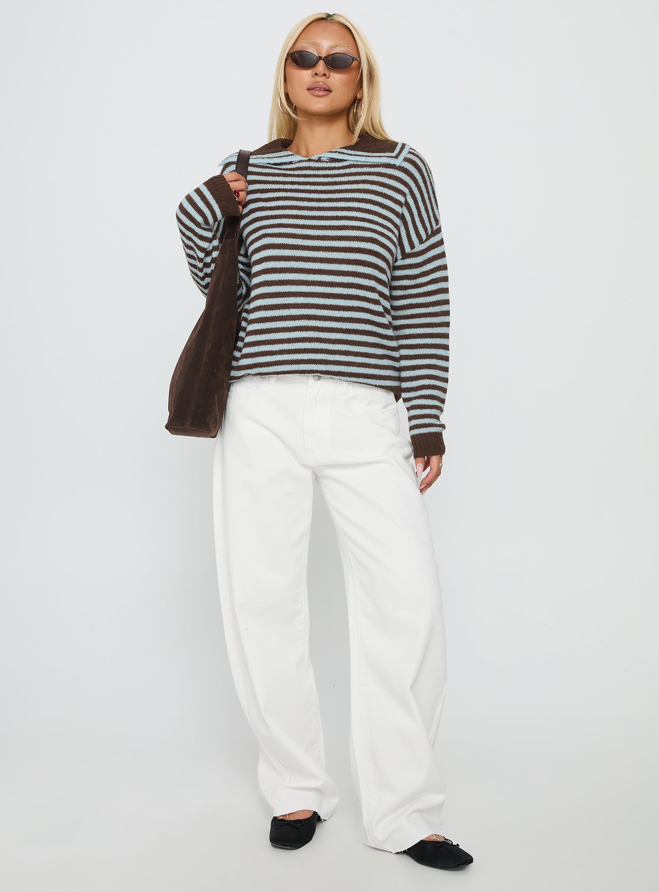 front view of model wearing Princess Polly Moon Went Dark Collared Knit Sweater Stripe 