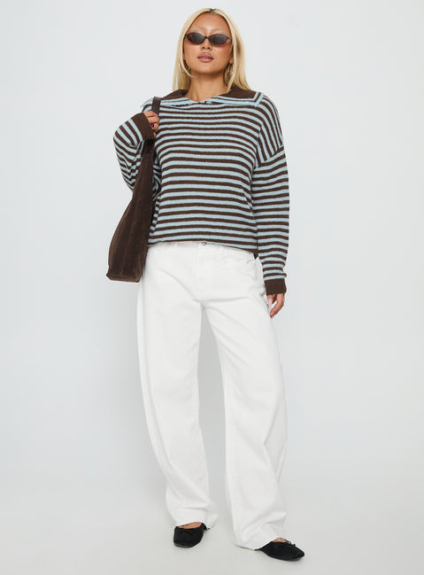 front view of model wearing Princess Polly Moon Went Dark Collared Knit Sweater Stripe 