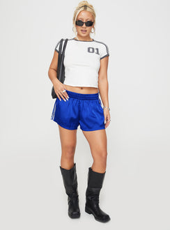 front view of model wearing Princess Polly 444 Shorts Cobalt High Waisted Shorts 