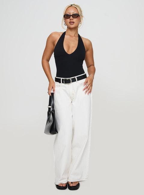 side view of model wearing Princess Polly Someone New Halter Bodysuit Black Sleeveless 