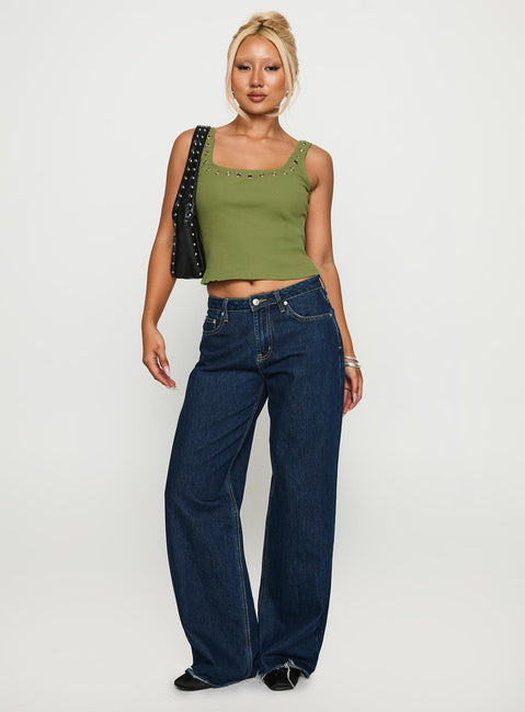 front view of model wearing Princess Polly Nobody Like You Top Khaki Sleeveless Square Neck 