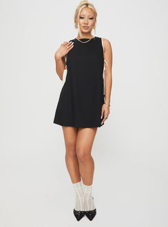 front view of model wearing Princess Polly Boxay Mini Dress Black Crew Neck 