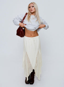  front view of model wearing Princess Polly Madame Lace Maxi Skirt Cream Maxi 