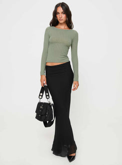 back view of model wearing Princess Polly Sink In Long Sleeve Top Green Full Sleeves Boat Neck 