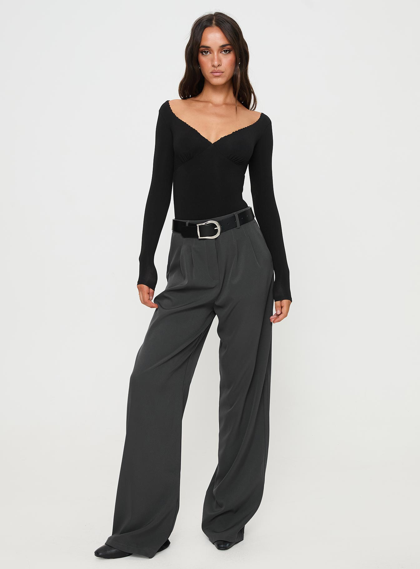 front view of model wearing Princess Polly Loveydove Bodysuit Black Long Sleeve Tops 