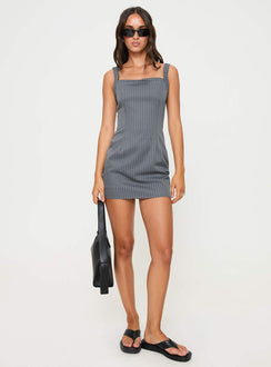 front view of model wearing Princess Polly Belvior Mini Dress Grey Pinstripe Square Neck 
