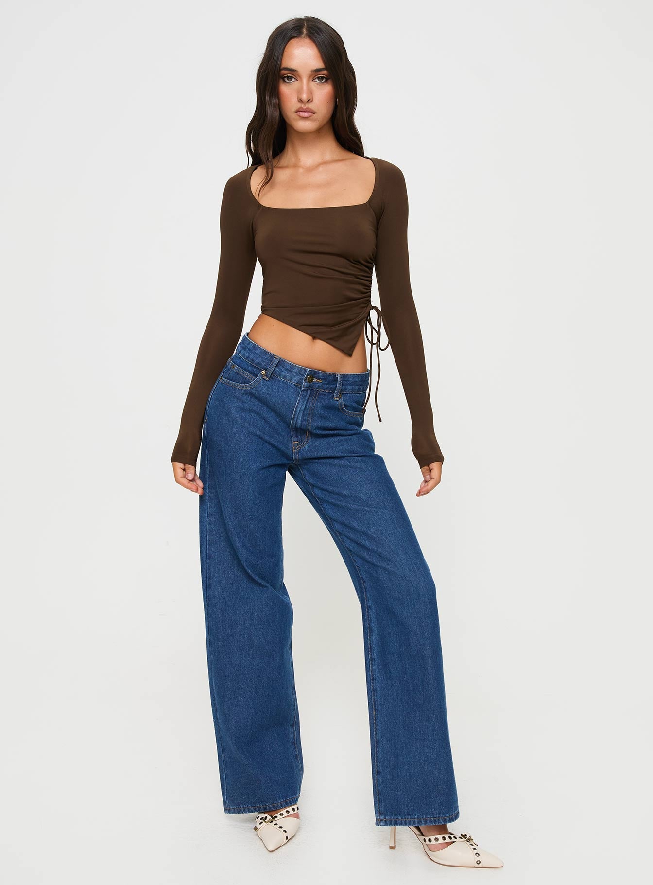 front view of model wearing Princess Polly Take Me On Long Sleeve Top Brown Full Sleeves Square Neck 