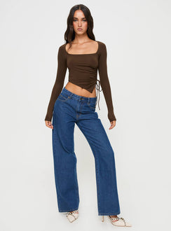 front view of model wearing Princess Polly Take Me On Long Sleeve Top Brown Full Sleeves Square Neck 