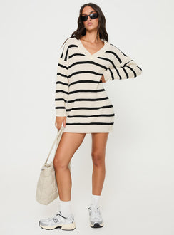 front view of model wearing Princess Polly Forte Sweater Mini Dress Black / Cream V-Neck 