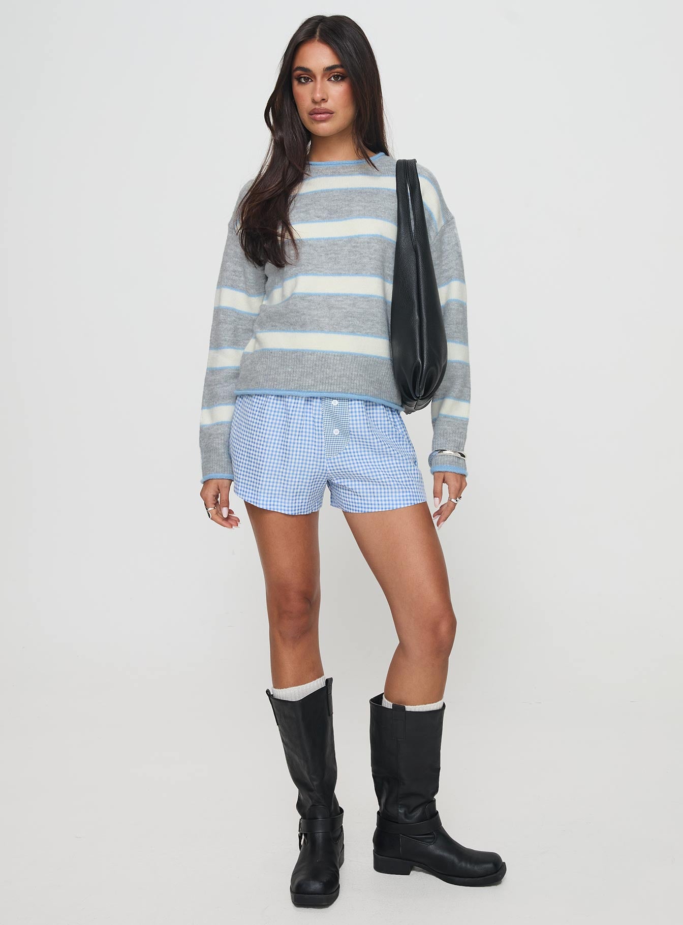 front view of model wearing Princess Polly Clydie Knit Sweater Grey Cropped 