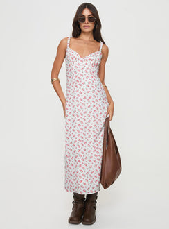 front view of model wearing Princess Polly Georgia Midi Dress White / Pink Floral Plunger 