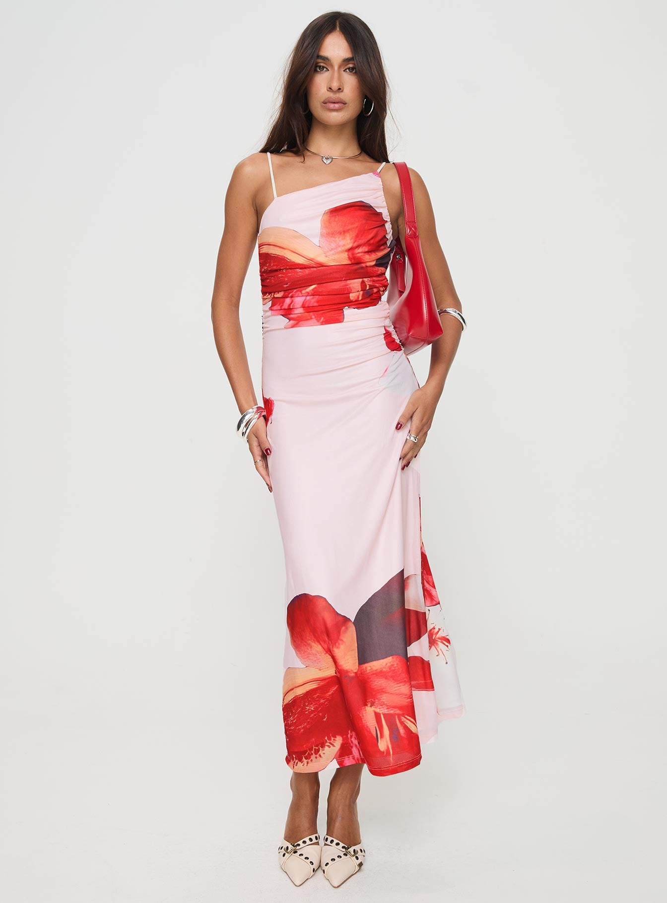 front view of model wearing Princess Polly Simeon Maxi Dress Floral Multi Asymmetric Neckline 