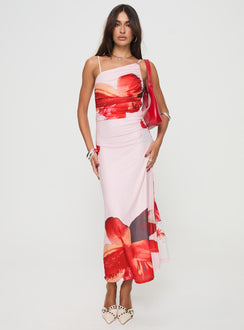 front view of model wearing Princess Polly Simeon Maxi Dress Floral Multi Asymmetric Neckline 