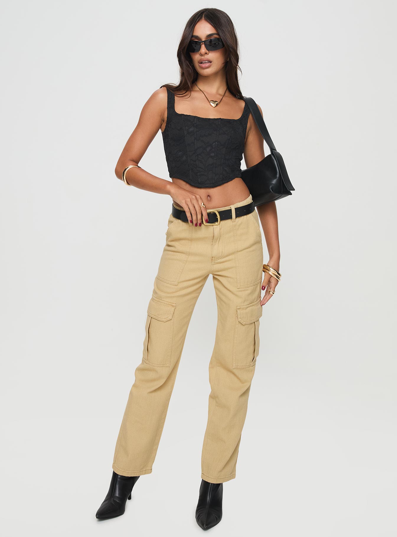 front view of model wearing Princess Polly Nickei Utility Cargo Pants Beige Mid Rise 