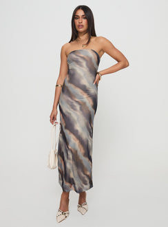 front view of model wearing Princess Polly Pinacle Strapless Maxi Dress Brown Straight Neck 