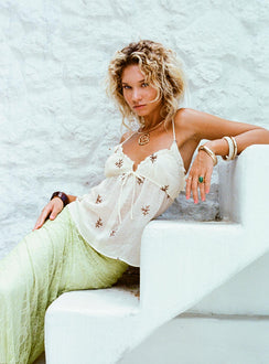 front view of model wearing Princess Polly Cinnamon Embroidered Top Cream Sleeveless Plunger 