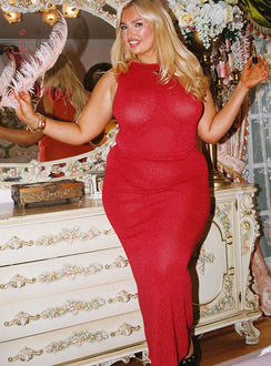   front view of model wearing Princess Polly Hugs & Kisses Knit Maxi Skirt Red Curve Maxi 