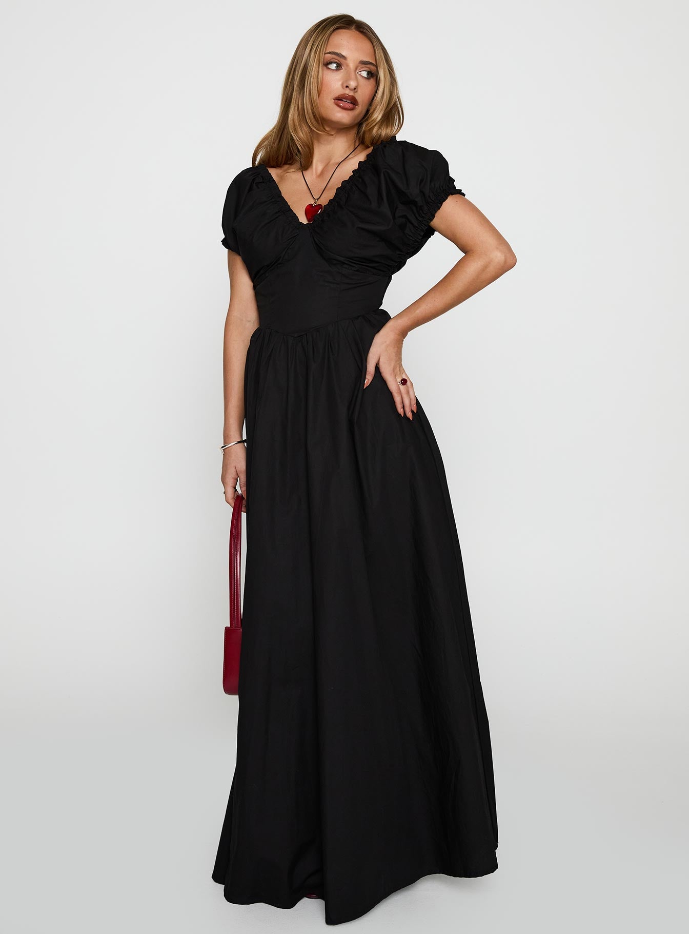 front view of model wearing Princess Polly Breeanna Maxi Dress Black V-Neck 