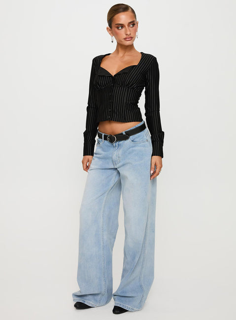 back view of model wearing Princess Polly Set For Life Foldover Detail Long Sleeve Top Black / White Pinstripe Full Sleeves V-Neck 