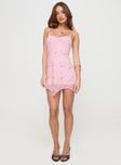 front view of model wearing Princess Polly Harkin Mini Dress Pink Sweetheart Neckline 