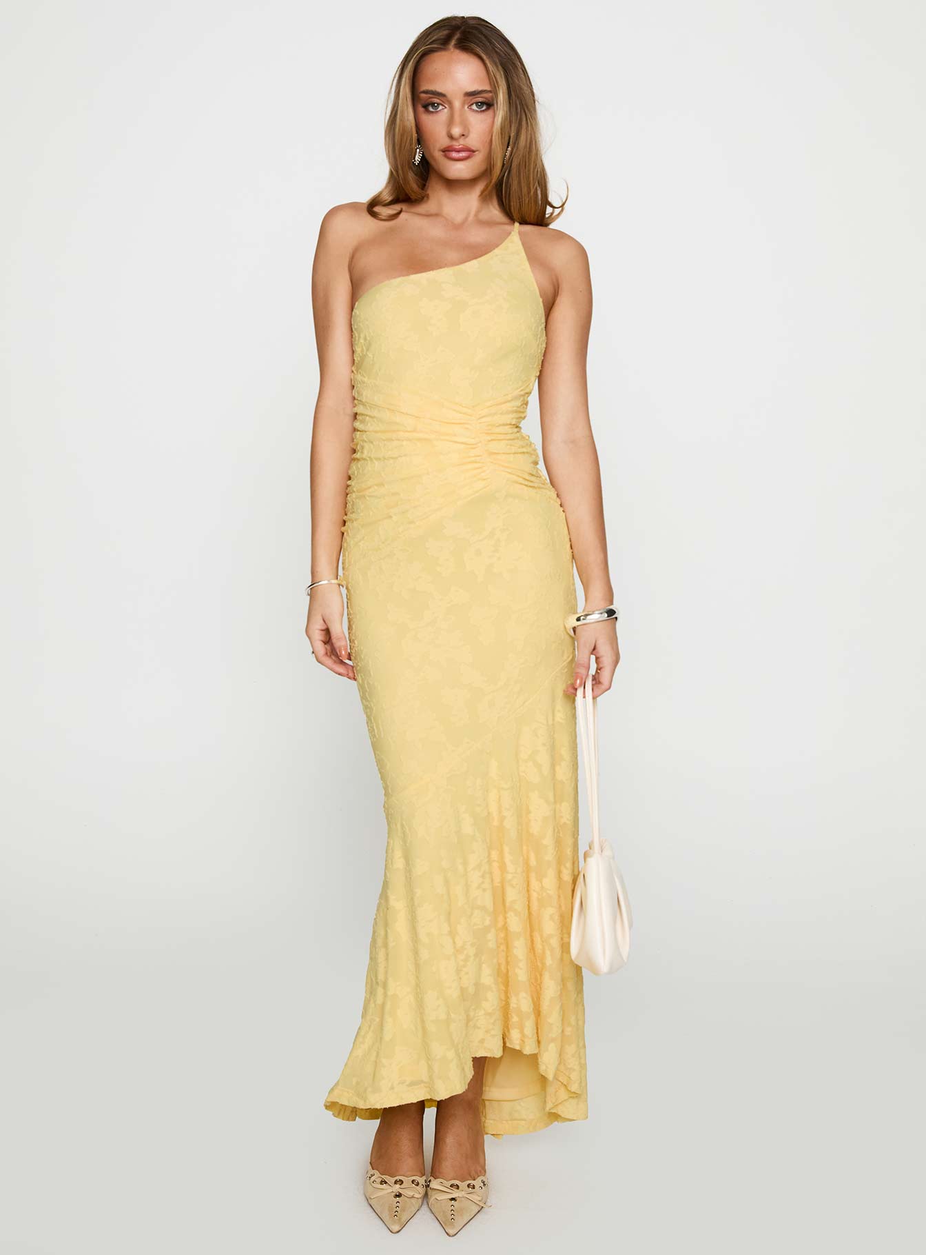 front view of model wearing Princess Polly Starlights One Shoulder Maxi Dress Lemon Asymmetric Neckline 