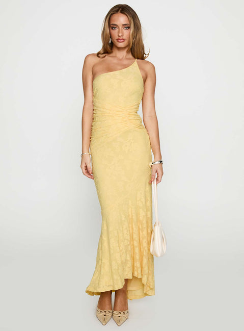 front view of model wearing Princess Polly Starlights One Shoulder Maxi Dress Lemon Asymmetric Neckline 