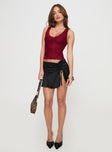 front view of model wearing Princess Polly Far Away Top Burgundy Sleeveless V-Neck 