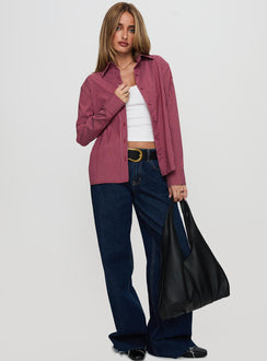 side view of model wearing Princess Polly Mandisa Long Sleeve Top Red Stripe Full Sleeves Crew Neck 