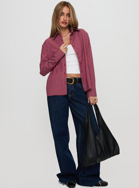 side view of model wearing Princess Polly Mandisa Long Sleeve Top Red Stripe Full Sleeves Crew Neck 