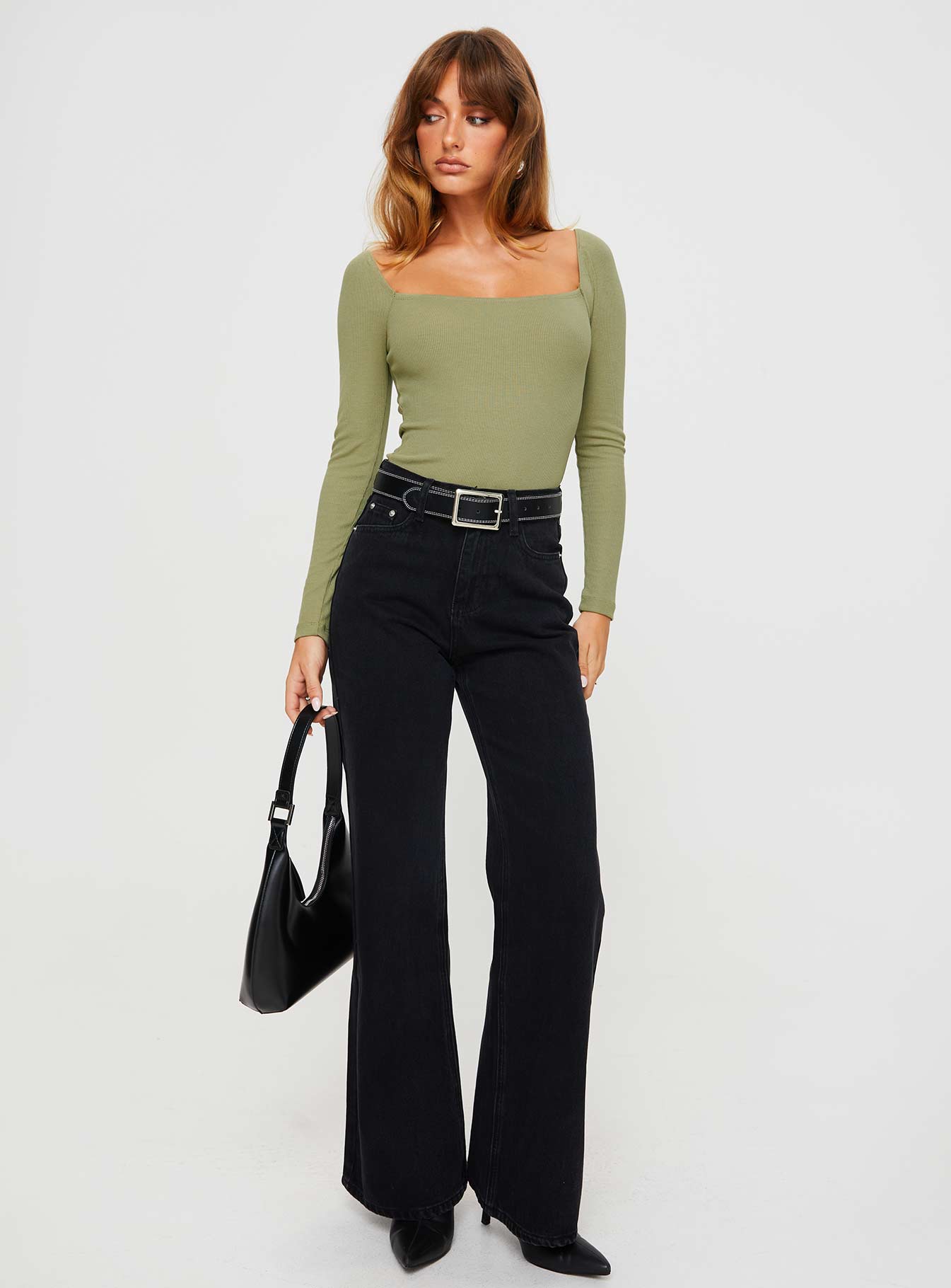 back view of model wearing Princess Polly Charlotte Bodysuit Sage Full Sleeves Square Neck 