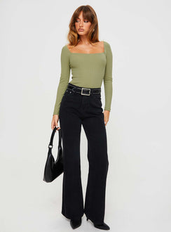 back view of model wearing Princess Polly Charlotte Bodysuit Sage Full Sleeves Square Neck 