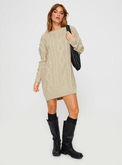 front view of model wearing Princess Polly Anaya Sweater Mini Dress Beige Crew Neck 