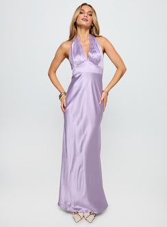 front view of model wearing Princess Polly Big Screen Halter Maxi Dress Lilac Plunger 