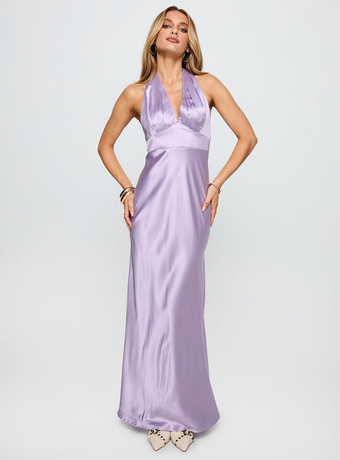 front view of model wearing Princess Polly Big Screen Halter Maxi Dress Lilac Plunger 