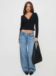 front view of model wearing Princess Polly Ferris Two-toned Straight Leg Jean Blue Wash Denim Low Rise Jeans 