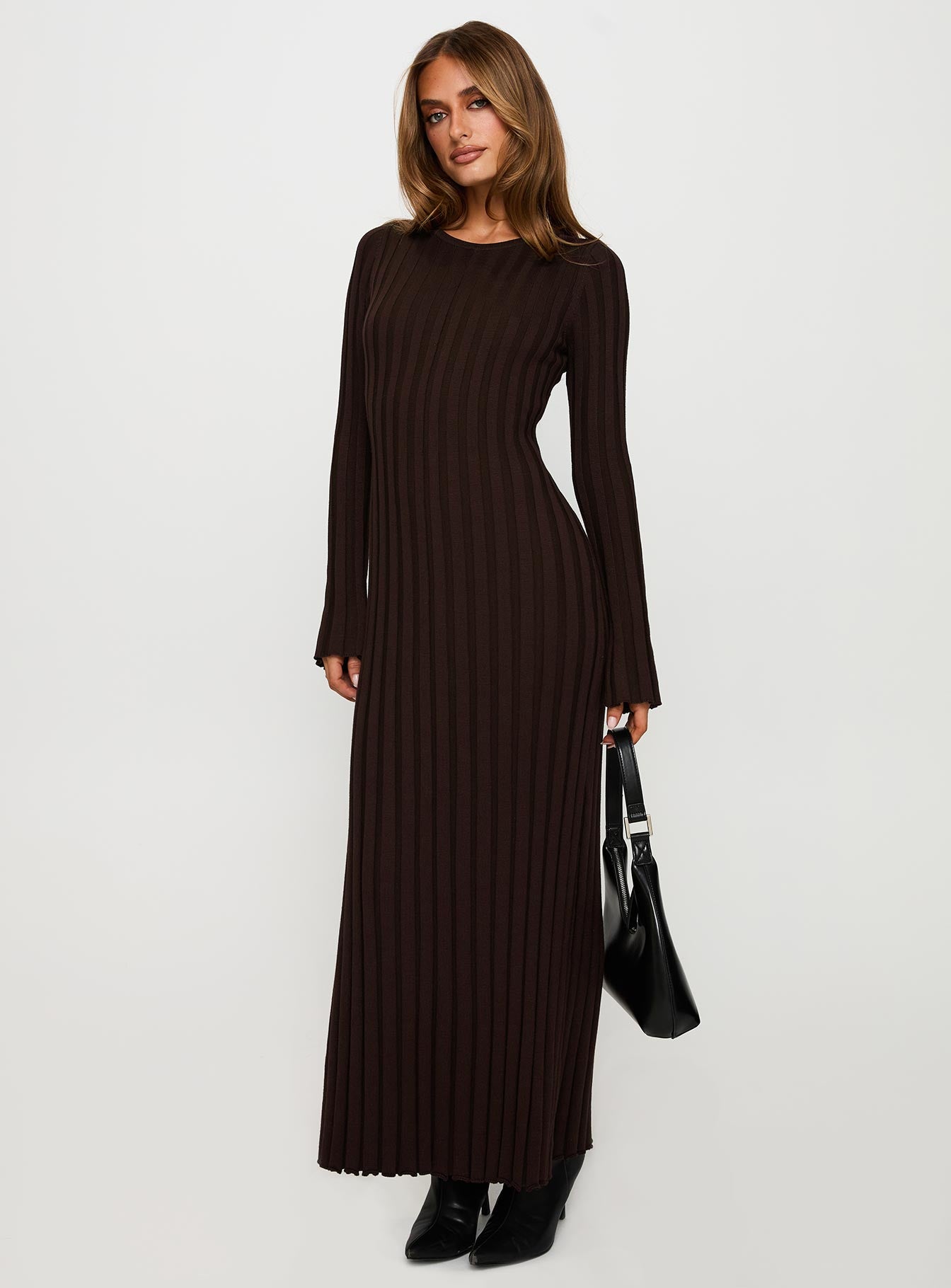 front view of model wearing Princess Polly Vespa Long Sleeve Maxi Dress Brown Crew Neck 