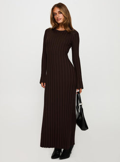 front view of model wearing Princess Polly Vespa Long Sleeve Maxi Dress Brown Crew Neck 