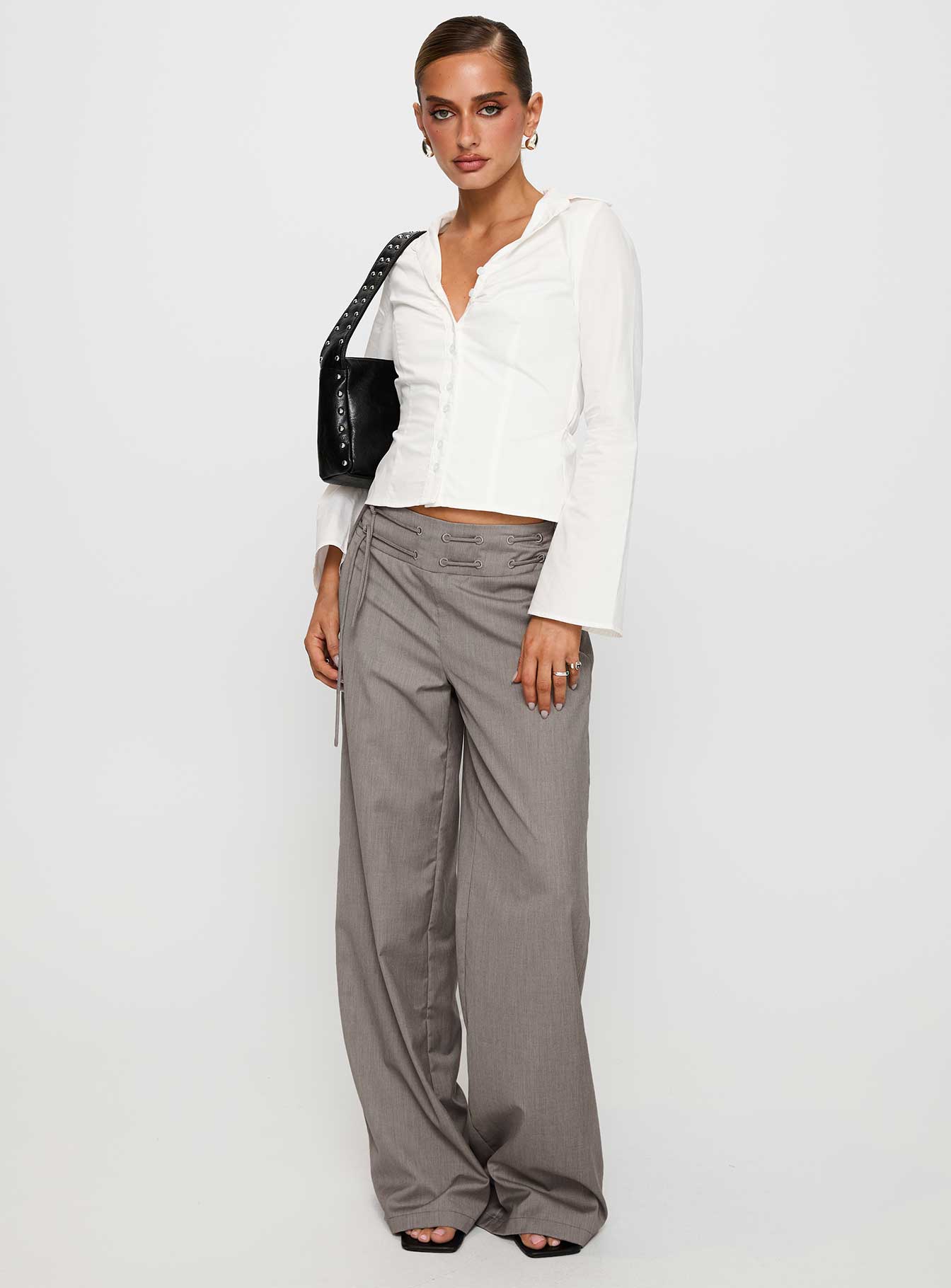 side view of model wearing Princess Polly Just Have Fun Wide Leg Pant Grey High Waisted Pants 