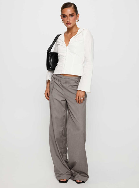 side view of model wearing Princess Polly Just Have Fun Wide Leg Pant Grey High Waisted Pants 