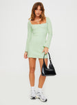 front view of model wearing Princess Polly Atticka Long Sleeve Mini Dress Sage Square Neck 