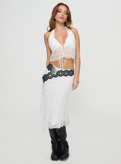 Matching two-piece set V neckline, halter style, drawstring fastening at bust, split hem Midi skirt, diagonal stitching detail, invisible zip fastening, asymmetric hem Non-stretch material, lined bust & skirt