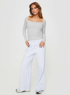 side view of model wearing Princess Polly Arthie Long Sleeve Top Grey Full Sleeves Scoop Neck 