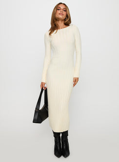 front view of model wearing Princess Polly Ryo Long Sleeve Rib Maxi Dress Cream Boat Neck 