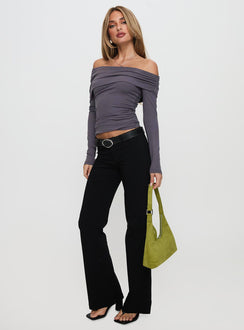 front view of model wearing Princess Polly Erving Long Sleeve Off Shoulder Top Slate Full Sleeves straight 