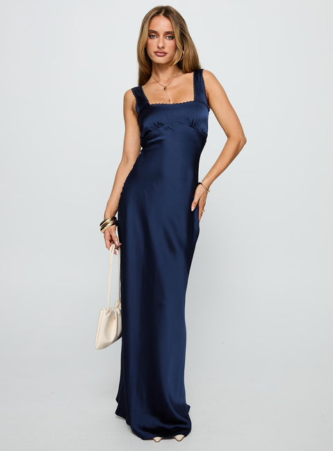 front view of model wearing Princess Polly Dasha Satin Maxi Dress Navy Square Neck 