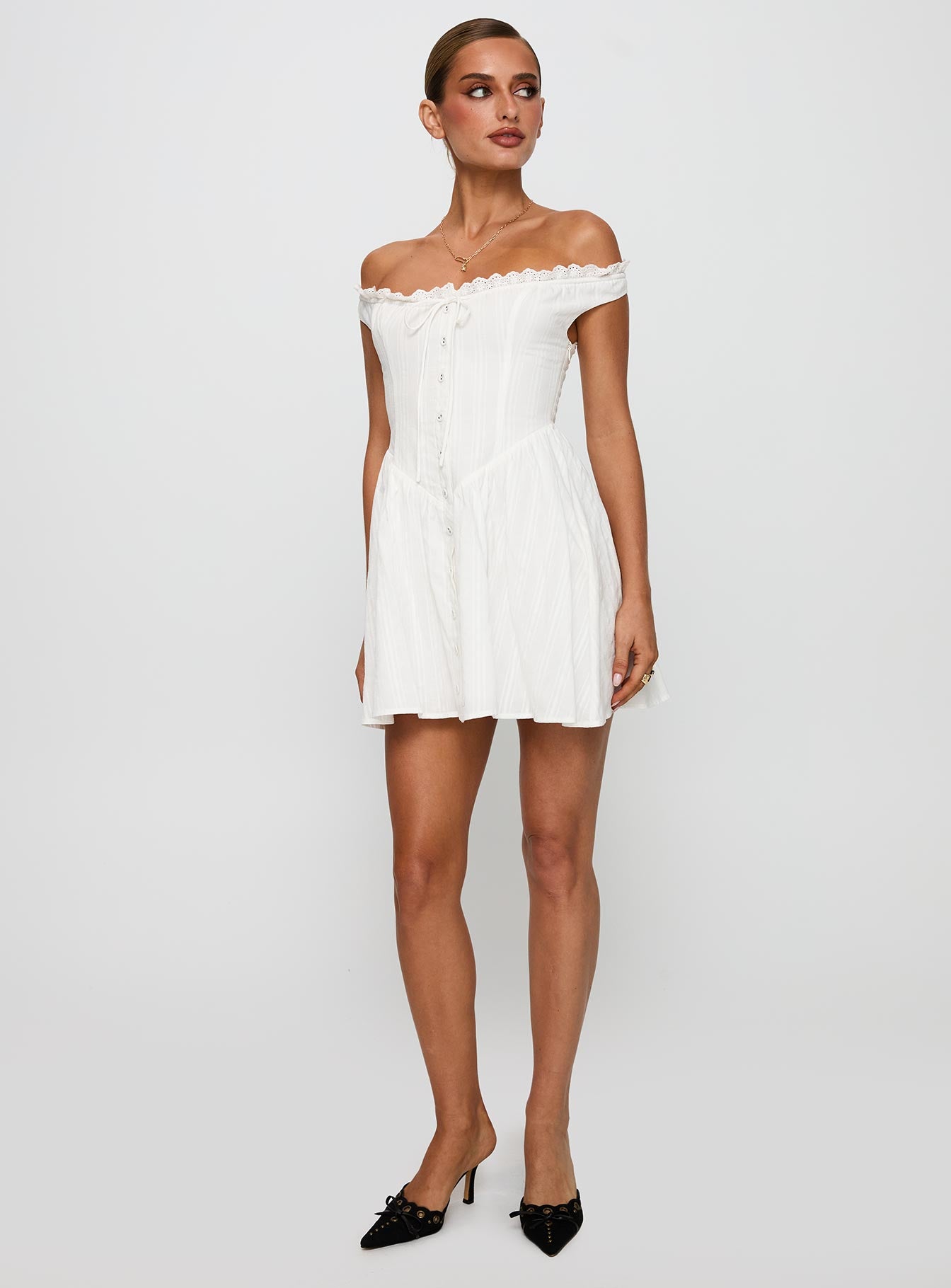 front view of model wearing Princess Polly White Horse Off The Shoulder Mini Dress White Straight Neck 