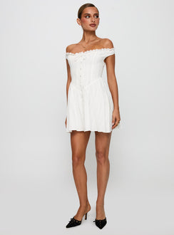 front view of model wearing Princess Polly White Horse Off The Shoulder Mini Dress White Straight Neck 