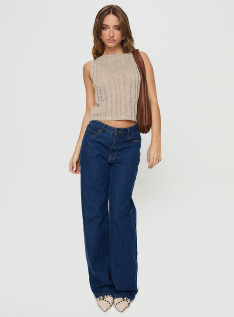 back view of model wearing Princess Polly Cassander Top Beige Sleeveless High Neck 